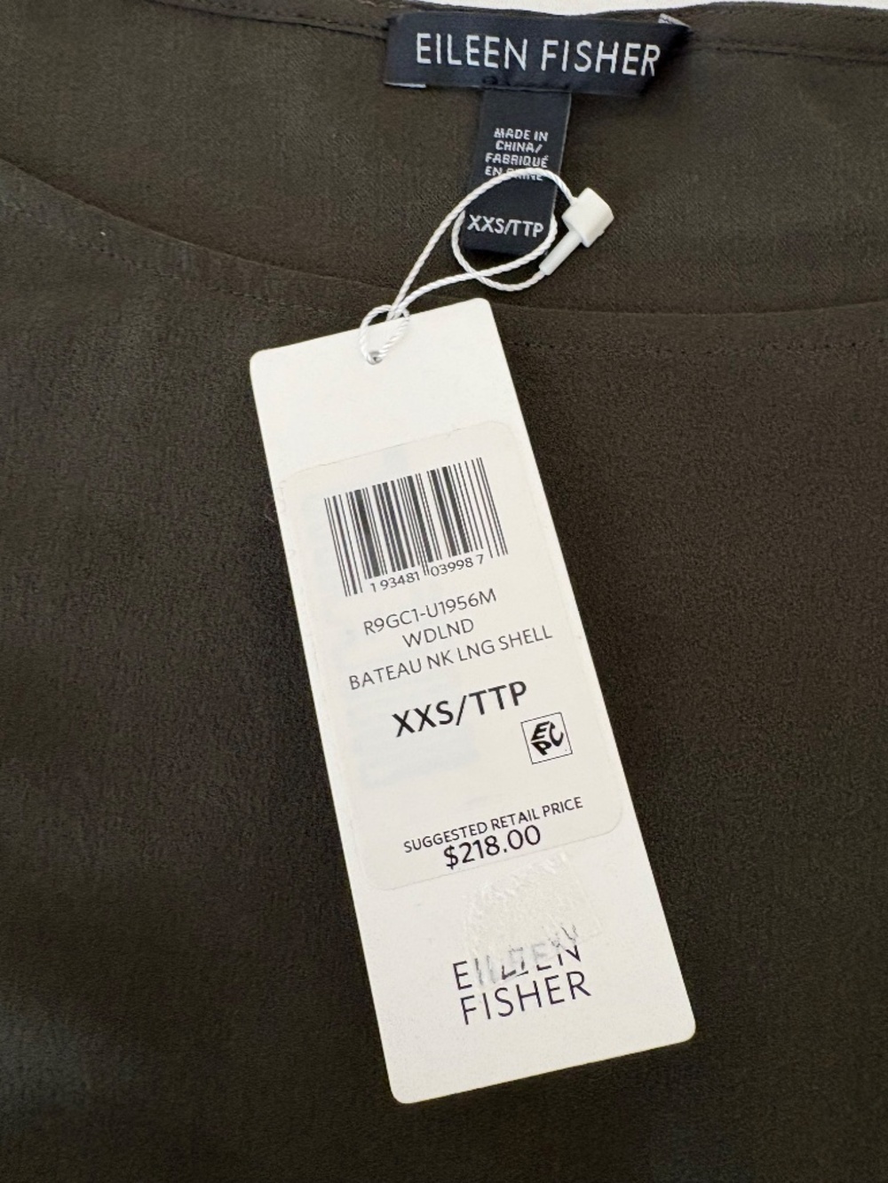 Eileen Fisher Silk Georgette Crepe Bateau Neck Long Shell Woodland Green XXS - Picture 4 of 9